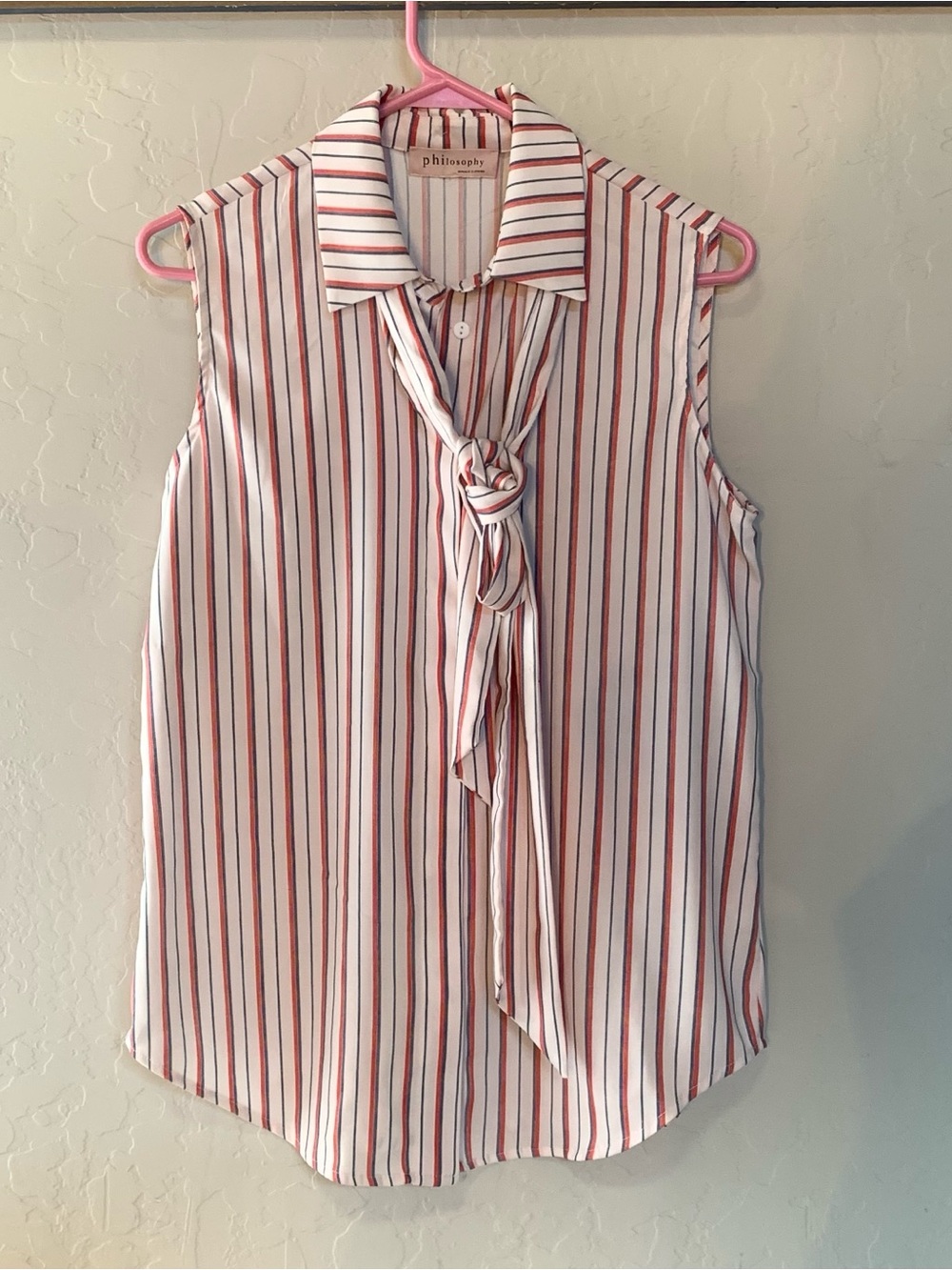 Philosophy Sleeveless Tie-Neck Blouse in White and Red Stripes